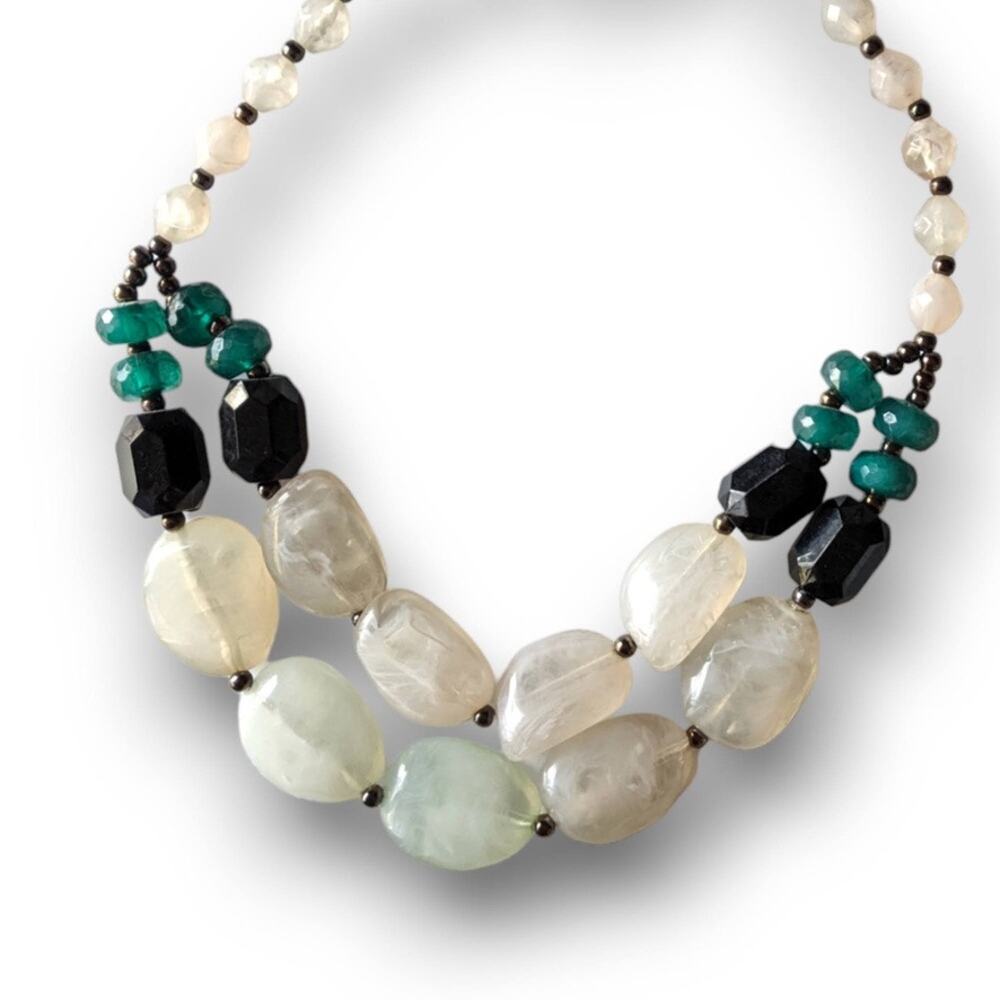 Large faux quartz pale chunky statement necklace, gunmetal accents